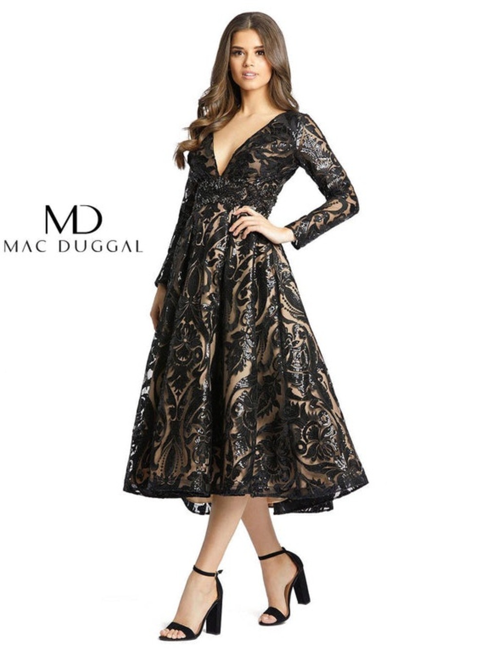 Mac Duggal NWT Black Lace over Nude Midi Dress